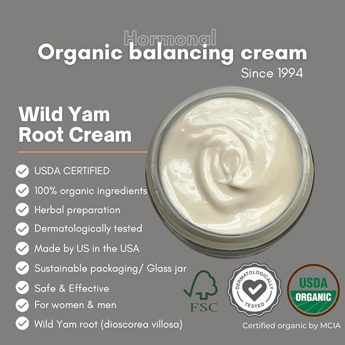 Indian Meadow Herbals Wild Yam Root Cream (2oz) - USDA Certified Organic Balancing Cream for PMS & Menopause Relief - Estrogen & Progesterone-Free. Handmade By US. Woman-owned & Operated Since 1994.