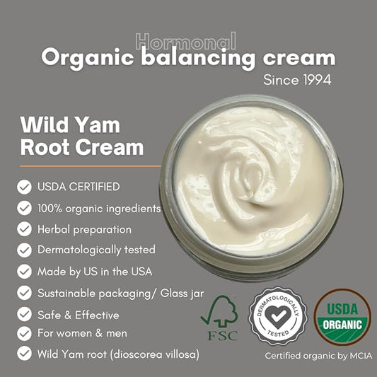 Indian Meadow Herbals Wild Yam Root Cream (2oz) - USDA Certified Organic Balancing Cream for PMS & Menopause Relief - Estrogen & Progesterone-Free. Handmade By US. Woman-owned & Operated Since 1994.