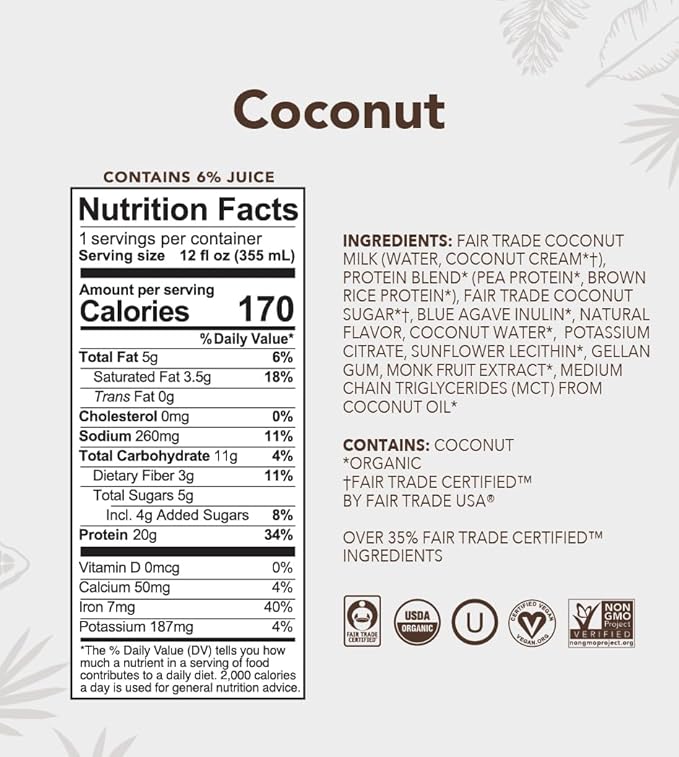ALOHA Organic Plant Based Coconut Protein Shake w/MCT Oil (12 ct, 12oz Bottle) 20g Protein, Meal Replacement, Low Sugar & Carb, Gluten-Free, Paleo, Non-GMO, No Soy, Stevia or Sugar Alcohol…