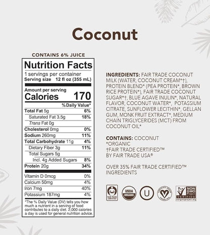 ALOHA Organic Plant Based Coconut Protein Shake w/MCT Oil (12 ct, 12oz Bottle) 20g Protein, Meal Replacement, Low Sugar & Carb, Gluten-Free, Paleo, Non-GMO, No Soy, Stevia or Sugar Alcohol…
