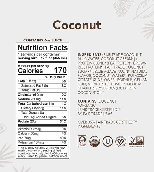 ALOHA Organic Plant Based Coconut Protein Shake w/MCT Oil (12 ct, 12oz Bottle) 20g Protein, Meal Replacement, Low Sugar & Carb, Gluten-Free, Paleo, Non-GMO, No Soy, Stevia or Sugar Alcohol…