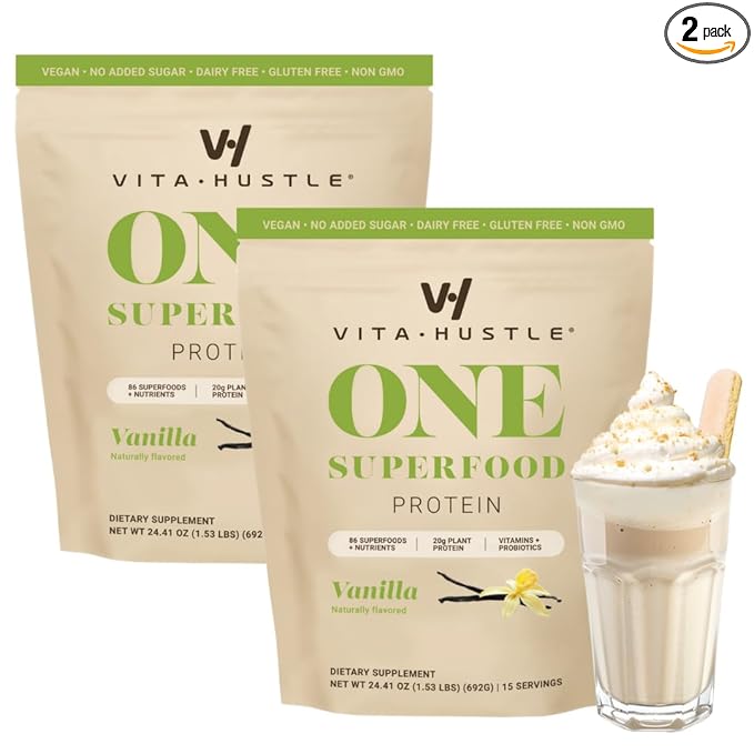 VitaHustle ONE - Superfood Meal Replacement Powder, Plant Based Protein Shake Powder, Vegan. 86 Superfoods, Vitamins, & Minerals, Ashwagandha, Adaptogens. Founded by Kevin Hart. (Vanilla 2-Pack)