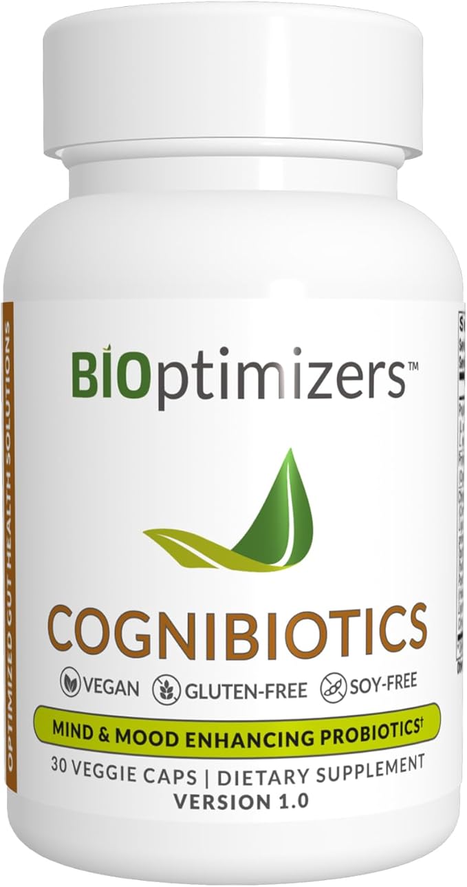 BiOptimizers Cognibiotics Probiotic Brain Supplement - Helps Support Mood, Better Focus, Memory, Mental Clarity - 30 Capsules