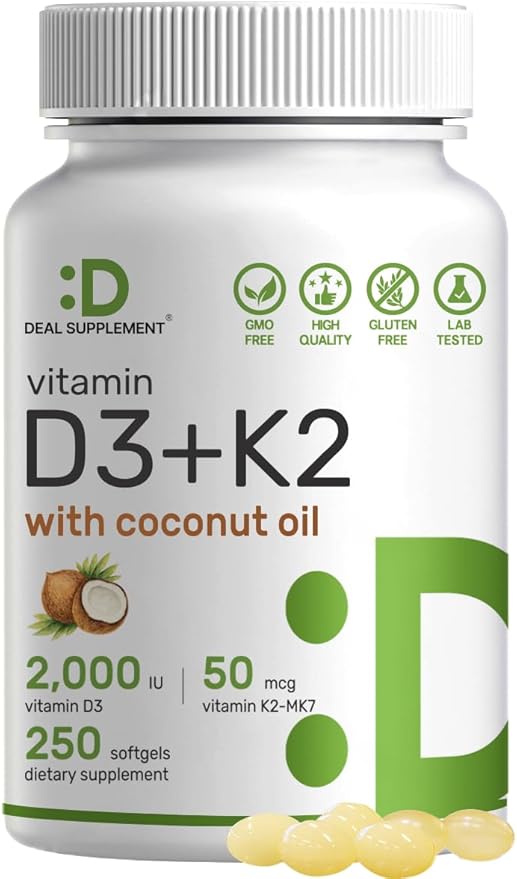 DEAL SUPPLEMENT Vitamin D3 2,000 IU + K2 MK7 50mcg Softgels | 2-in-1 Complex with Virgin Coconut Oil | Supports Heart, Bone, Teeth & Immune Health | Easy to Swallow