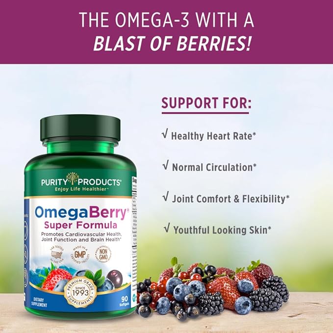 Purity Products OmegaBerry Fish Oil w/Vitamin D3 + 1875 mg Omega-3s 1080 1080 mg 720mg DHA 120 mg 90 Count