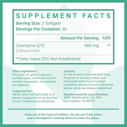 Luma Nutrition CoQ10 400mg Softgels Q10 - Q-10 200mg 200mg Softgel 400mg Per 60 Liquid
