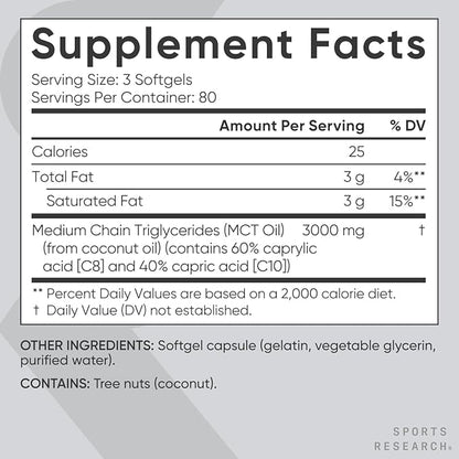 Sports Research Keto MCT Oil Pills from Coconut Oil | Keto Fuel for The Brain & Body - Non-GMO Verified, Soy & Gluten Free Liquid Softgels (240 Count)