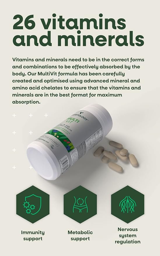 MultiVit Vegan Multivitamin Supplement, 26 Vitamin & Minerals – Vitamin Supplements for Metabolic, Brain Function & Immune Support – Multivitamin for Women, Men & Children