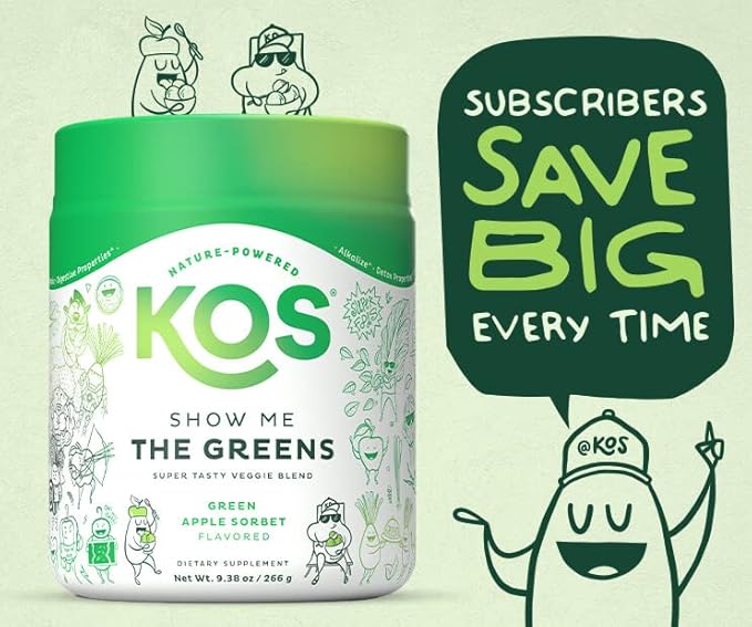 KOS Organic Super Greens Powder Erythritol Free - Plant Based Superfood Blend with Spirulina, Chlorella & Wheatgrass - USDA Certified Organic, Green Juice Smoothie - Apple Flavor - 28 Servings