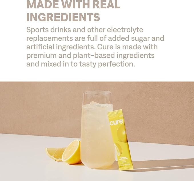 Cure Hydration | Plant-Based Electrolyte Drink Mix | No Added Sugar | FSA & HSA | Dehydration Relief Powder Made with Coconut Water | Non-GMO | Vegan | 28 Servings Jar - Lemonade