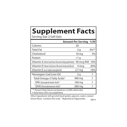 Carlson - Cod Liver Oil Gems, 460 mg Omega-3s, plus D3, Wild 150 Softgels