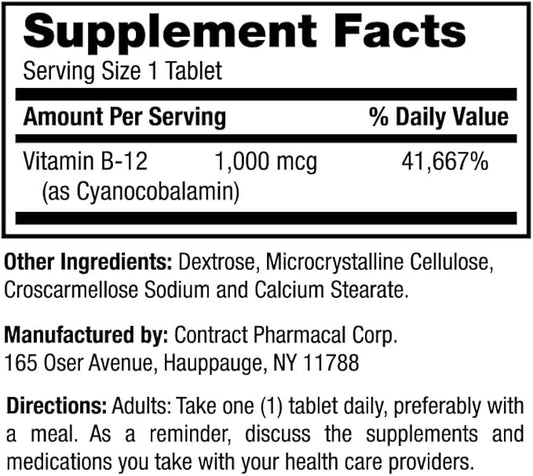 Earth's Splendor Energy Supplements, with Vitamin B12, Dietary (1000mcg, 200 200 Tablets)