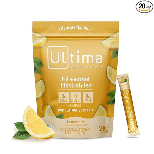 Ultima Replenisher Daily Electrolyte Powder Drink Mix – Lemonade, 20 Stickpacks – Hydration Packets with 6 Key Electrolytes and Trace Minerals – Keto Friendly, Vegan, Non-GMO and Sugar-Free