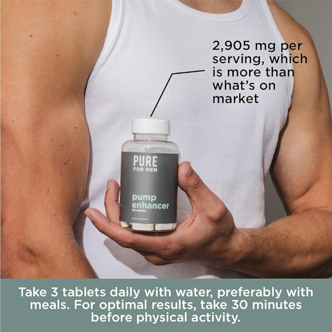 Pure for Men Pump Enhancer | Pre Workout Supplement for Muscle Pump, Stamina and Increased Blood Flow | Nitric Oxide Booster with L-Arginine & L-Citrulline | Focus and Energy Support | 90 Count