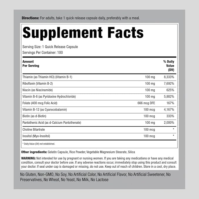 Piping Rock Vitamin B-100 Complex 100 Capsules B12, B1, B1, B2, B2, B6 B6 |