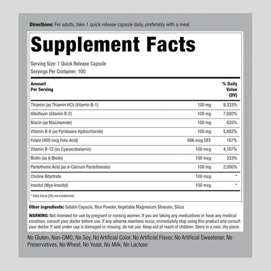 Piping Rock Vitamin B-100 Complex 100 Capsules B12, B1, B1, B2, B2, B6 B6 |