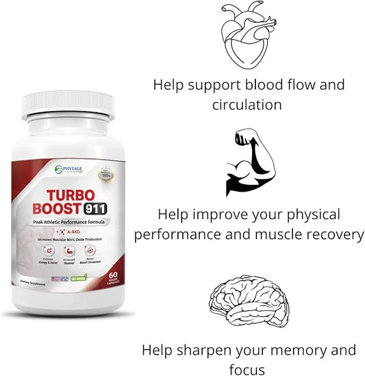 Turbo Boost 911 Nitric Oxide Booster, Circulation, Energy Boost, Mental Focus (N-O) Supplement – 60 Capsules