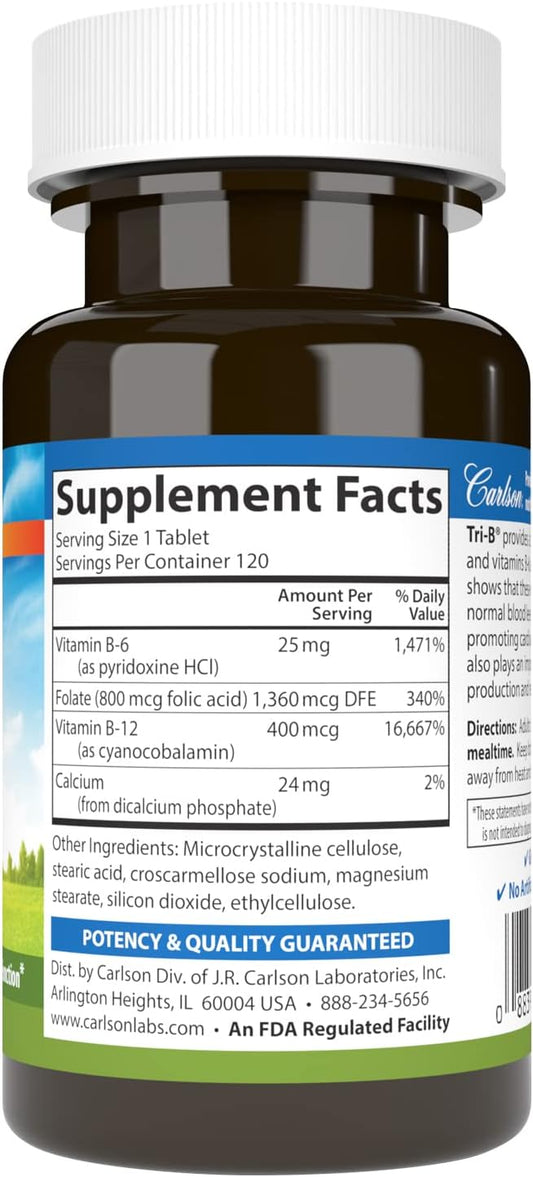 Carlson - Tri-B, Vitamin B Complex, 25 mg B-6, 400 400 mcg B-12, Folic B12 Supplement, 120 Tablets