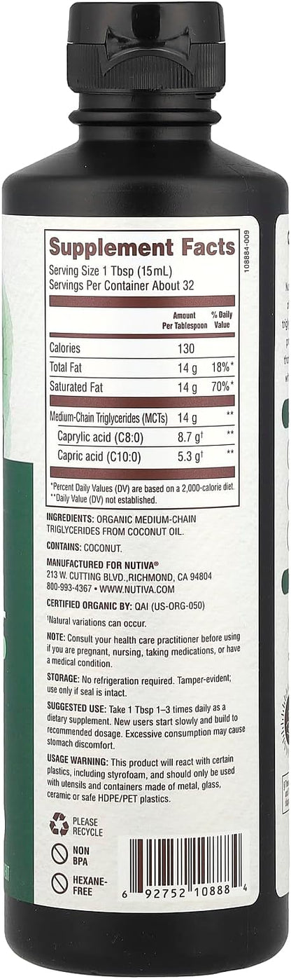 Nutiva Organic MCT Oil, 16 fl oz, Unflavored for Keto Coffee, Non-GMO Oil made from Organic Coconuts, Keto Friendly, Best MCT Oil Wellness Ketosis Supplement, 14g of C8 & C10 per serving