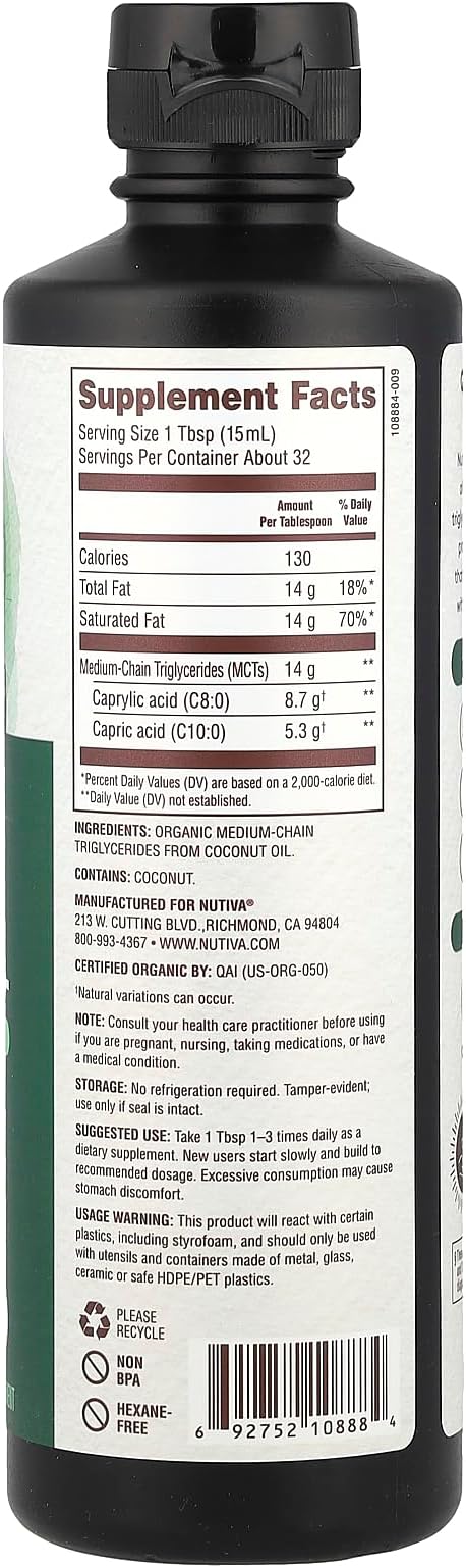 Nutiva Organic MCT Oil, 16 fl oz, Unflavored for Keto Coffee, Non-GMO Oil made from Organic Coconuts, Keto Friendly, Best MCT Oil Wellness Ketosis Supplement, 14g of C8 & C10 per serving