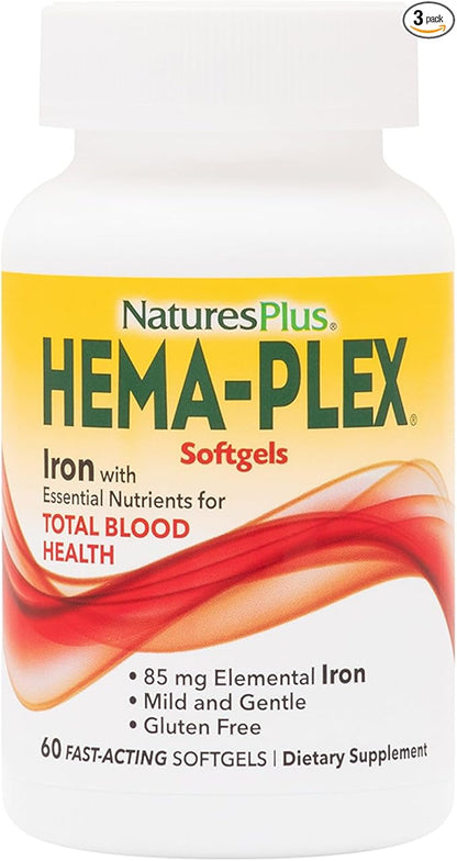 NaturesPlus Hema-Plex Iron - 60 Fast-Acting Softgels - 3 Pack - 85 mg Iron + Vitamin C & Bioflavonoids for Healthy Red Blood Cells - Vegan, Gluten Free - 60 Total Servings