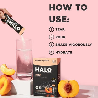 Halo Hydration Electrolyte Powder Packets – Peach - 6 Servings (5g Each) - Organic Hydration Drink with Low Sugar + Essential Vitamins + Minerals - Vegan