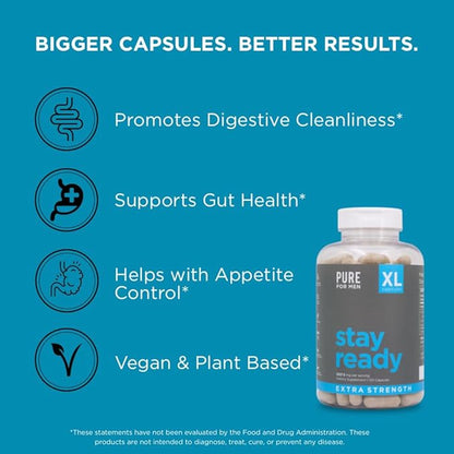 Pure for Men Stay Ready Fiber Extra Strength Supplement | Digestive Regularity | Bowel Movement & Gut Health Support | Vegan Cleanliness | Proprietary Formula | 120 Vegan XL Capsules