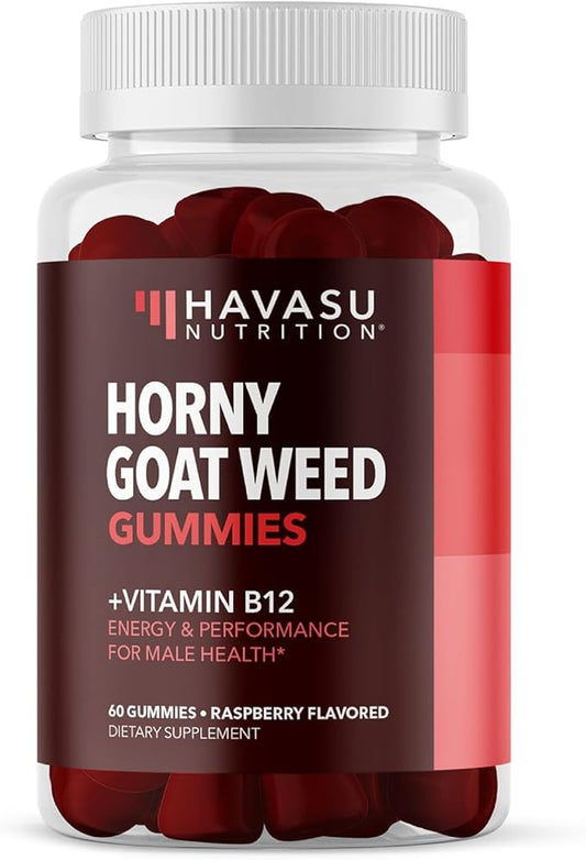 Horny Goat Weed Gummies with Vitamin B12 - Energy, Endurance & Performance Support for Men and Women - Enhanced with B12 Vitamins for Mood & Male Health Support - 60 Raspberry Vegan Gummies