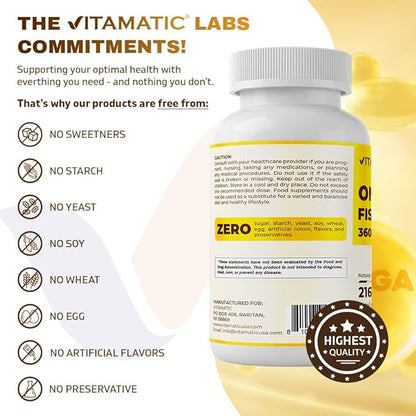 Vitamatic Triple Strength Omega 3 Fish 3600mg Per 2160mg Omega 3 Fatty 1296mg EPA 864mg DHA, 180 Softgels