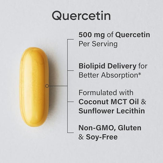 Sports Research Quercetin with Coconut MCT Oil & Sunflower Lecithin for Better Absorption - Supports Antioxidant Activity & Immune Health – Gluten Free & Non-GMO Verified - 120 Liquid Softgels