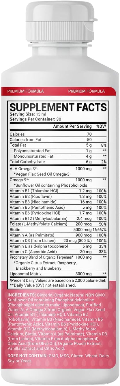 Women’s Multivitamin 450ML of Natural Peach Flavored Supplement Increasing Heart, Memory, and Nervous System, with Omega 3, Liposomal, and 5000MCG of Biotin for Healthy Hair