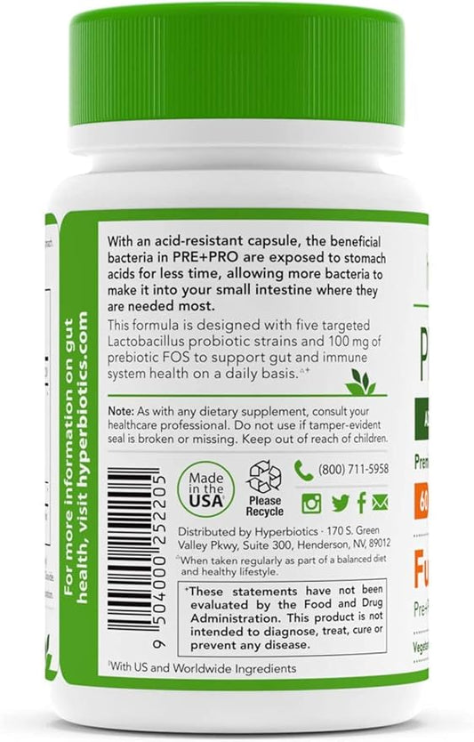 Hyperbiotics Pre Pro Vegan Probiotics + Prebiotics 60 Billion 30 Capsules