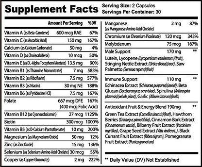 Men's Multivitamin Supplement for Energy, Focus B12, Zinc, 60 Capsules