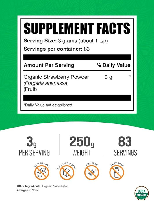 BulkSupplements.com Organic Strawberry Powder - Strawberry Powder Supplement, Strawberry Powder Organic - No Sugar Added & Gluten Free, 3g per Serving, 250g (8.8 oz) (Pack of 1)