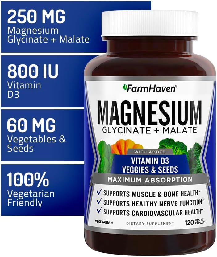 FarmHaven Magnesium Glycinate & Malate Complex D3, 100% 100% Chelated 600 Capsules, 300 Days