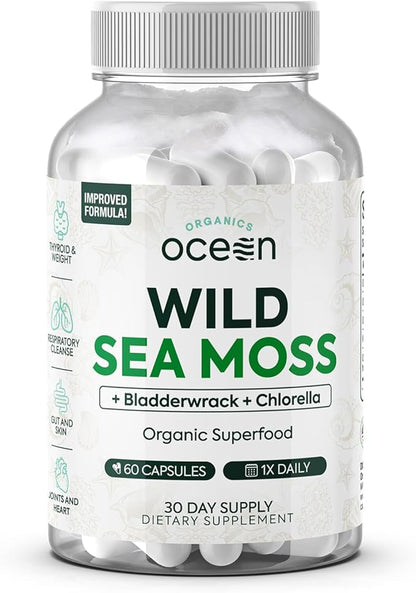 Wild Sea Moss Capsules - 100% Organic Irish Sea Moss with Organic Chlorella, Bladderwrack and Vitamin D for Energy, Lung Health and Thyroid Support for Women and Men - 60 Capsules