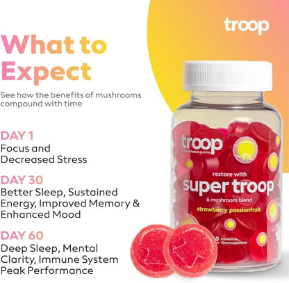 Troop Daily Super 6 Mushroom Blend for Immunity, Vitality, Mood, Balance, Gut Health, Energy - Restorative Supplement with Triple Extracted Fruit Body Blend - Vegan, Delicious Gummies, 60 Count