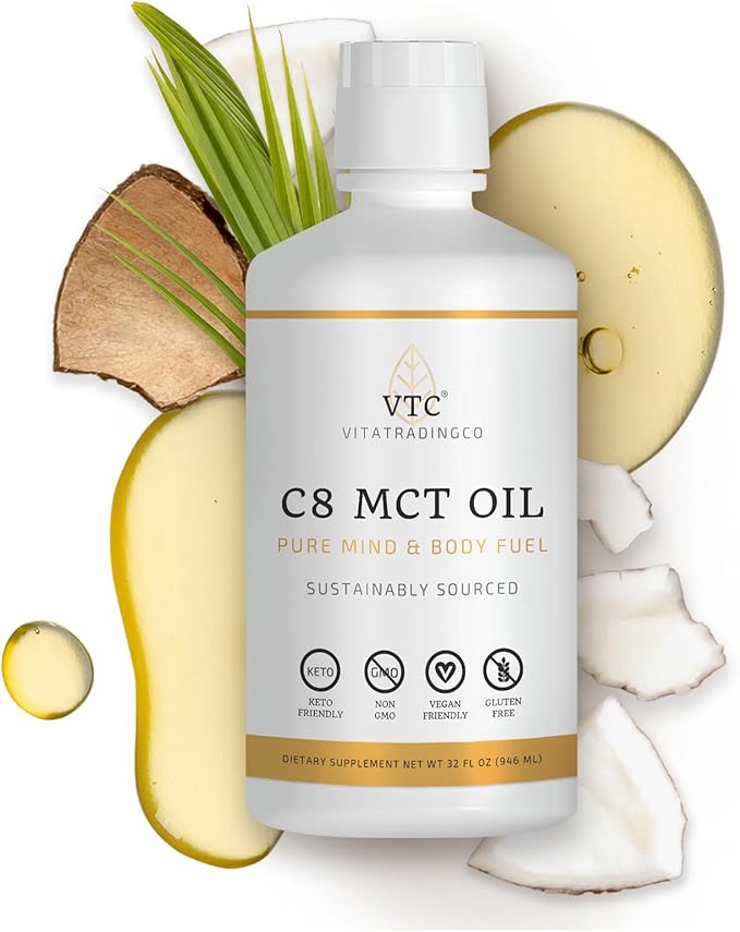 VitaTradingCo. 100% Pure C8 MCT Oil | 3X Distilled Caprylic Acid | Healthy Fat for Clean Energy | Sustainably Sourced | Non-GMO, Paleo, Keto | 128oz, 256 Servings (Unflavored)
