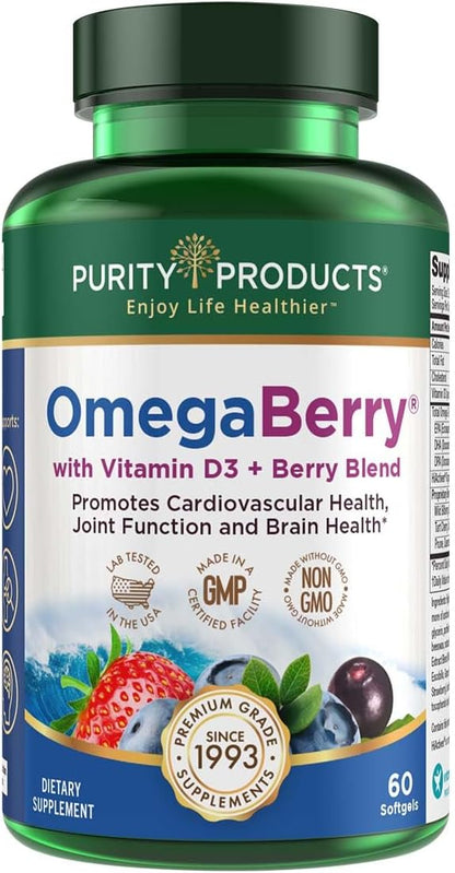 Purity Products OmegaBerry Fish Oil D3 and 1250mg Concentrated Omega-3 Fish 500mg DHA 650mg EPA 60 Soft 30 Day