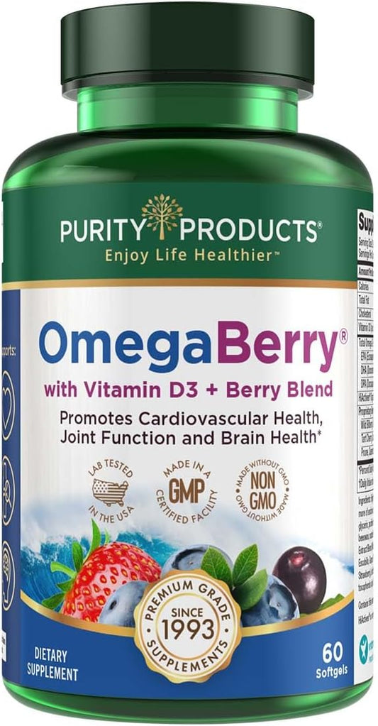 Purity Products OmegaBerry Fish Oil D3 and 1250mg Concentrated Omega-3 Fish 500mg DHA 650mg EPA 60 Soft 30 Day