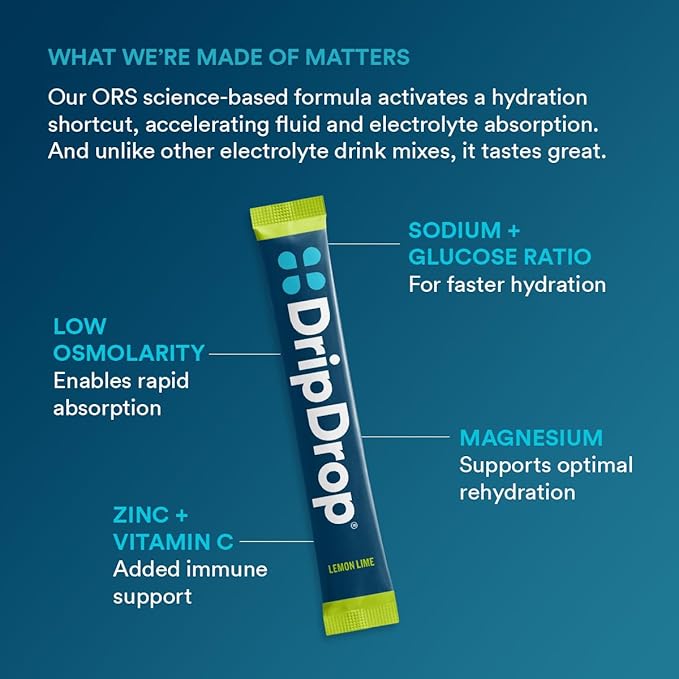 DripDrop Hydration - Lemon Lime - Electrolyte Drink Mix Single Serve Powder Packets | Non-GMO, Gluten Free, Vegan | 32 Sticks