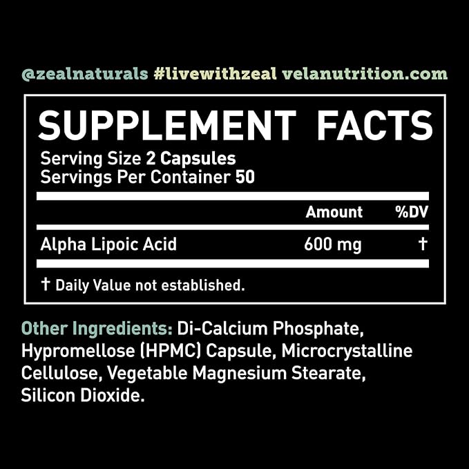 Alpha Lipoic Acid Supplement (ALA) + 600mg Per 100 Capsules