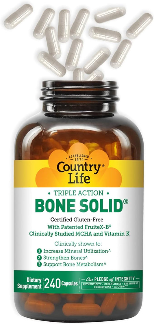 Country Life Bone Solid - Bone Health Supplement with Microcrystalline Hydroxyapatite (MCHA), Calcium, Magnesium, Zinc, Vitamins K2 & D3 for Enhanced Bone Strength & Metabolism - 240 Capsules