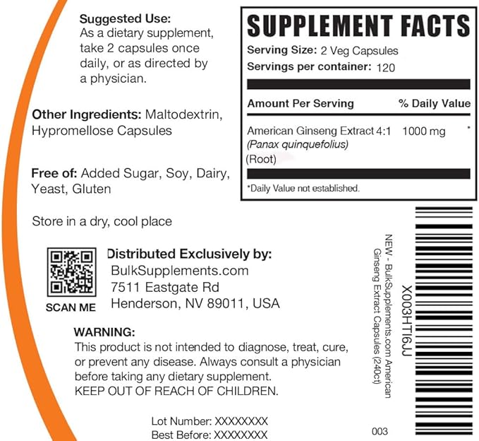 BulkSupplements.com American Ginseng Capsules 2 Capsules (4000mg Equivalent), 240 Veg 1)