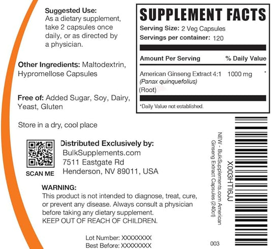 BulkSupplements.com American Ginseng Capsules 2 Capsules (4000mg Equivalent), 240 Veg 1)