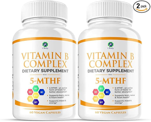 1 Body Vitamin B Complex Twin 5-MTHF Folate B1, B2, B2, B5, B5, B6, B6, Methyl B12, Niacin, 60 capsules