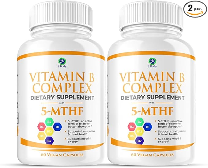 1 Body Vitamin B Complex Twin 5-MTHF Folate B1, B2, B2, B5, B5, B6, B6, Methyl B12, Niacin, 60 capsules