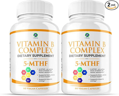 1 Body Vitamin B Complex Twin 5-MTHF Folate B1, B2, B2, B5, B5, B6, B6, Methyl B12, Niacin, 60 capsules