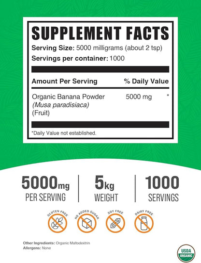 BulkSupplements.com Organic Banana Powder - Fruit Powder - Banana Flavoring Powder - Smoothie Powder - Dried Bananas Powder (5 Kilograms - 11 lbs)