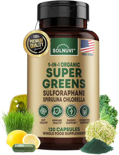 Organic Super Greens Superfood Capsules Supplement - Spirulina, Chlorella, Wheatgrass, Kale Powder, Sulforaphane, Antioxidants - Gut Health, Digestion, Energy, Immunity Support - 120 Vegan Capsules